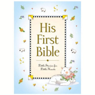 His First Bible board book front cover with cream panel, black-and-white checkered border, gold typography, and white lamb holding flowers