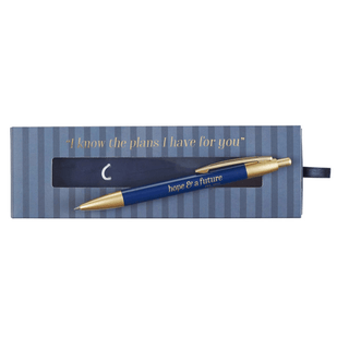 Blue pen with gold accents on a matching striped box with motivational quote