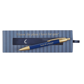 Blue pen with gold accents on a matching striped box with motivational quote