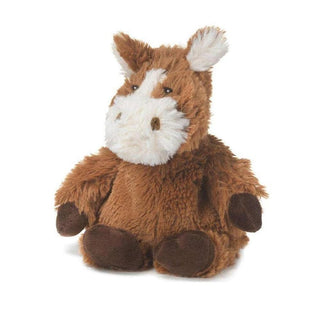 Brown plush horse Warmie with white blaze and shaggy fur texture