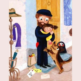 How to Get a Daddy to Sleep children's book illustration of father hugging child with jumping dog