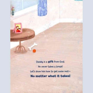 How to Get a Daddy to Sleep bedtime story page with family photo and quote about daddy resting