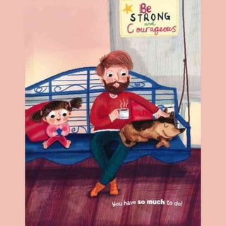 How to Get a Daddy to Sleep book page showing dad in red shirt on bench with daughter and dog