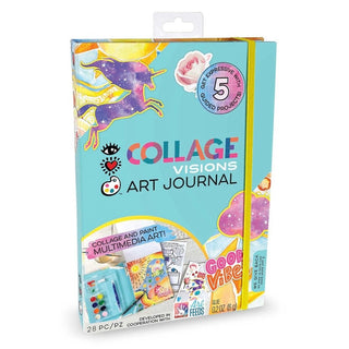 Collage Visions Art Journal set with turquoise cosmic unicorn packaging, 28-piece art kit including watercolors and markers