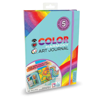 Color Harmony Art Journal set in turquoise box with rainbow gradient design, includes 5 guided projects and lavender elastic closure