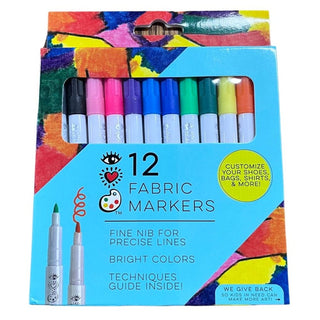 I Heart Art 12-piece fabric marker set in blue box with fine nib tips for shoes, bags, and shirts