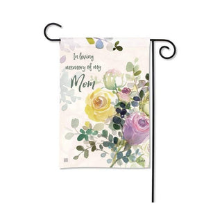 Cream garden flag with watercolor yellow rose and purple flowers reading In loving memory of my Mom on black stand