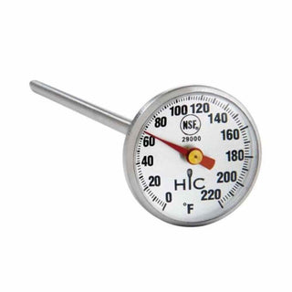 HIC analog meat thermometer full view with straight stainless steel probe, white dial face, red needle at 70°F, and NSF approved seal