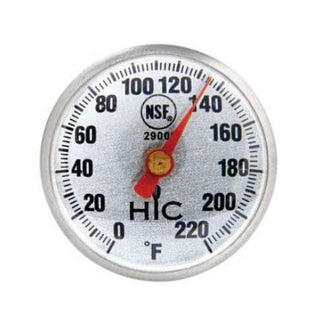 HIC analog meat thermometer close-up showing brushed stainless steel bezel, white dial with black numerals, red needle at 140°F, and NSF seal