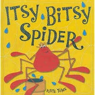 Itsies Bitsy Spider children's board book with red spider climbing waterspout on yellow cracked-paper cover