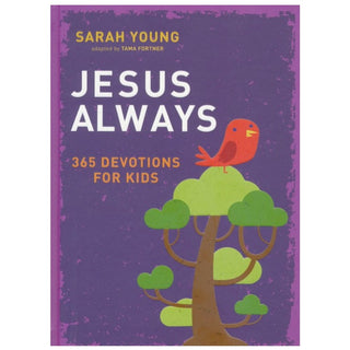 Jesus Always 365 Devotions for Kids hardcover book with purple textured cover and cartoon tree design
