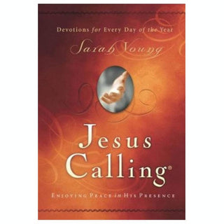 Jesus Calling devotional book by Sarah Young with burgundy and orange gradient cover featuring ornate filigree design