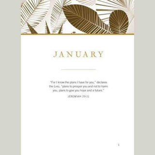 January devotional page spread featuring Jeremiah 29:11 scripture quote with gold and olive leaf header
