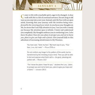 Open Jesus Calling book showing January 1 entry with large gold initial C and embedded Bible verses
