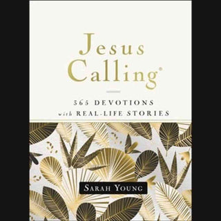 Jesus Calling hardcover devotional with gold foil lettering and olive green botanical leaf cover design