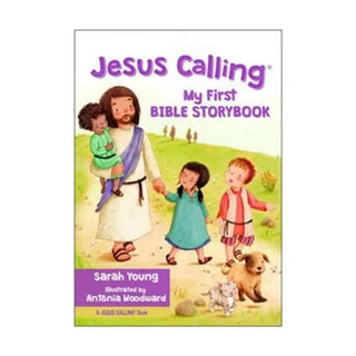 Jesus Calling My First Bible Storybook board book cover with Jesus holding toddler and children on grassy hill