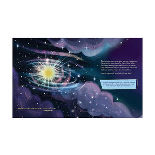 Jesus Calling Story of Christmas board book open page with purple teal nebula and glitter text