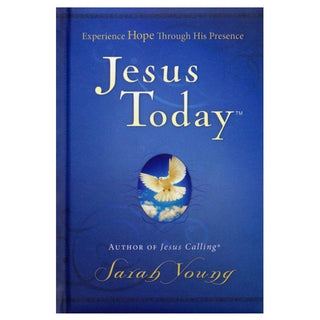 Jesus Today hardcover devotional book by Sarah Young with royal blue textured cover, dove illustration, and gold cursive author name