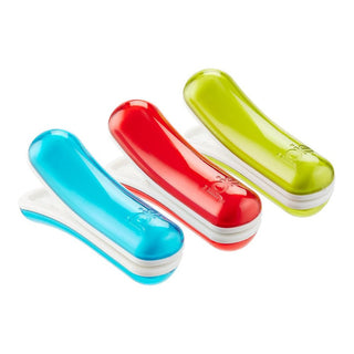 Joie bag clips in translucent blue, red, and lime green with glossy plastic tops and white clamping bases for kitchen food storage