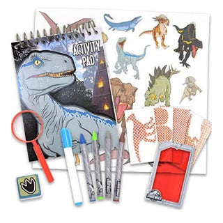 Jurassic World Dino Discovery Lab set with Velociraptor activity pad, dinosaur stickers, x-ray cards, magnifying glass, and crayons in travel case