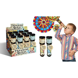 Treasure Quest Kaleidoscope cardboard tube with vintage map wrap, held by boy showing colorful geometric patterns