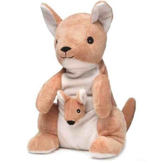 Tan kangaroo Warmies plush with white belly holding matching joey in pouch