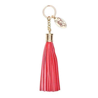 Red tassel keychain with gold faith accent 