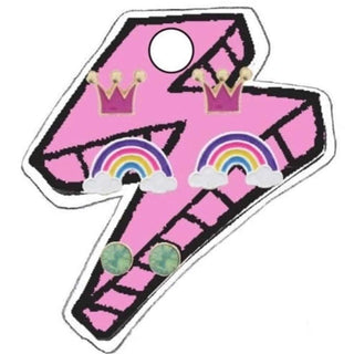 Jane Marie kids 3-piece earring set on pink lightning bolt card with purple crown, rainbow, and green marbled stud earrings