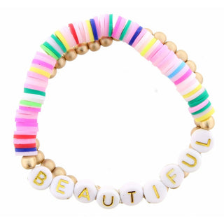 Kid's colorful 'Beautiful' disc and gold bead stretch bracelet with pastel spiral pattern