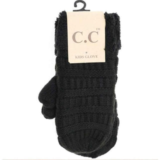Solid black cable knit kids mittens with thick shaggy fuzzy cuff detail