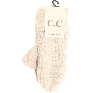 Cream heathered cable knit kids mittens with plush fuzzy sherpa lining