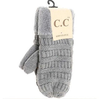 Gray ribbed cable knit kids glove showing light gray fuzzy sherpa interior