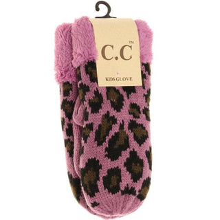 Pink leopard print kids winter gloves with vibrant fuchsia fuzzy lining