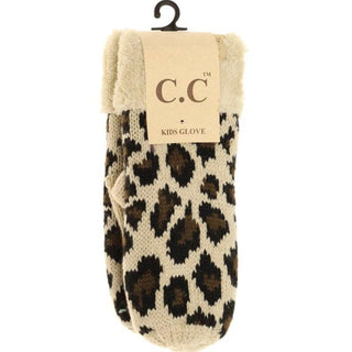 Beige and black leopard print kids fuzzy lined gloves with cream sherpa cuff