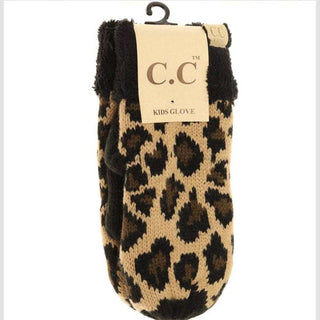 Tan and black animal print kids gloves with contrasting black fuzzy cuff