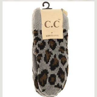 Gray base with bold black brown leopard spot kids gloves with fuzzy lining