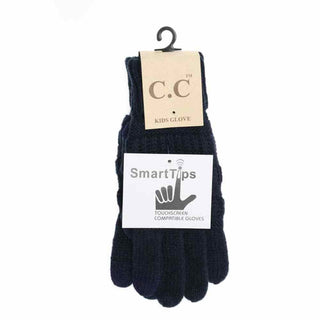 Navy blue textured knit kids C.C gloves with ribbed cuffs and SmartTips touchscreen