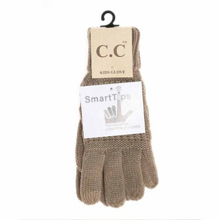Light taupe tight-knit kids winter gloves with SmartTips touchscreen technology
