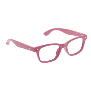 Pink plastic kids' eyeglasses with rounded rectangular frames and silver rivets
