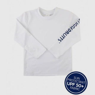 White RuffleButts kids long sleeve rash guard with ribbed crew neck and UPF 50+ sun protection fabric