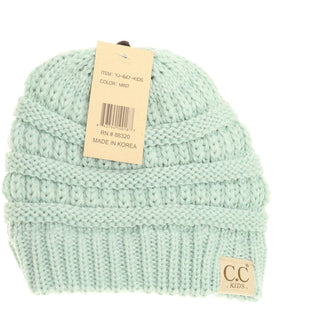 Mint green kids knitted beanie with horizontal cable-knit bands and C.C. KIDS label
