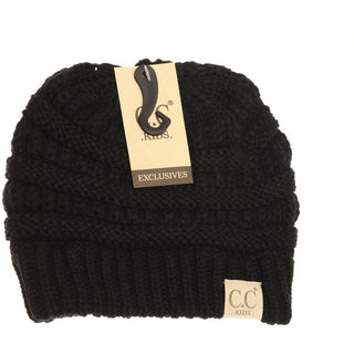 Black kids CC Beanie featuring twisted cable-knit stripes and EXCLUSIVES hangtag