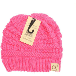 Neon CD pink kids knitted beanie with bold ribbed texture and NEW CD PINK tag