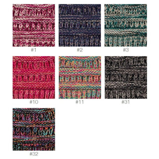 Knitted fabric swatches showing six multicolored ribbed and cable-knit yarn colorways