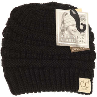 True black kids CC beanie with patent pending tag and chunky ribbing