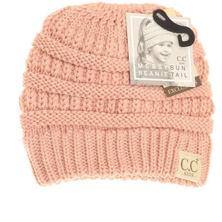 Peach pink kids messy bun beanie with cable-kit top and ribbed band