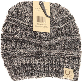Heather gray marled kids beanie showing construction details and tag