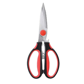 Black and red Kitchen Shears with stainless steel serrated blades, ergonomic soft-grip handles, and integrated bottle opener