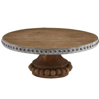 Large natural wood cake stand with galvanized metal rim and beaded base for 10 inch cakes