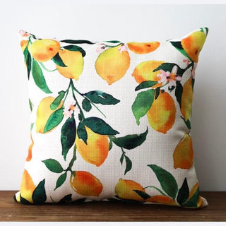 Lemon Pattern Pillow with watercolor citrus branch design on off-white textured polyester fabric
